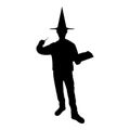 Silhouette wizard holds magic wand trick book waving sorcery concept magician sorcerer fantasy person warlock man in robe with