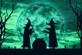 Silhouette of wizards cook poison at moonlight