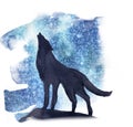 Silhouette wolf on the background of the northern lights watercolor