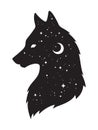 Silhouette of wolf with crescent moon and stars isolated. Sticker, black work, print or flash tattoo design vector illustration. P Royalty Free Stock Photo