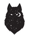 Silhouette of wolf with crescent moon and stars isolated. Sticker, black work, print or flash tattoo design vector illustration. P Royalty Free Stock Photo