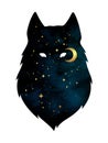 Silhouette of wolf with crescent moon and stars isolated. Sticker, print or tattoo design vector illustration. Pagan totem, wiccan