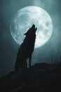 silhouette of a wolf howling on a cliff - full moon - moonlit coyote