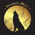 Silhouette of wolf howling at the full hunter`s moon vector