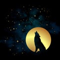 Silhouette of wolf howling at the full moon vector illustration. Pagan totem, wiccan familiar spirit art Royalty Free Stock Photo