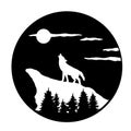 Silhouette of wolf howling at moon on mountain with pine trees . Landscape in circle. The illustration is isolated on Royalty Free Stock Photo