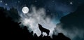 Silhouette of the wolf howling at the moon at night in front of the mountains inside the mist clouds. Vector illustration of the Royalty Free Stock Photo