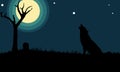 Silhouette of a wolf howling at the moon with tree and a headstone