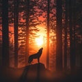 Silhouette of a wolf howling on a rock, set against a vibrant sunset backdrop within a Royalty Free Stock Photo