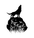 Silhouette of a wolf howling on a stone. Vector illustration