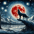 A silhouette of a wolf in a snow-covered landscape, with a blood-red moon, painting art, nature Royalty Free Stock Photo