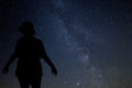 Silhouette of a woman against start night with the Milky Way band