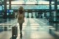 silhouette of a woman passenger with luggage suitcase at the international airport terminal Royalty Free Stock Photo
