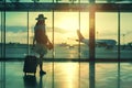 silhouette of a woman passenger with luggage suitcase at the international airport terminal Royalty Free Stock Photo