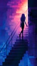 Silhouette of a woman ascending illuminated stairs against