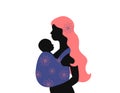 Silhouette of woman with baby sling in profile isolated. Young mother with long hair and child in baby carrier. Abstract flower Royalty Free Stock Photo