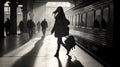 Silhouette of woman with bag at train station. Generative AI