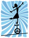 Silhouette of Woman balancing on unicycle on rope