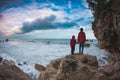 Silhouette of a woman and a child against the sea and sky Royalty Free Stock Photo