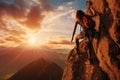 Silhouette of a woman climber on the top of a mountain, Extreme woman rock climbing on a mountain, no visible faces, AI Generated