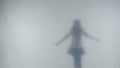 The silhouette of a woman dancing and twirling in the mist behind a frosted glass or curtain. Concept of the afterlife