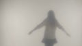 The silhouette of a woman dancing and twirling in the mist behind a frosted glass or curtain. Concept of the afterlife