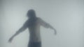 The silhouette of a woman dancing and twirling in the mist behind a frosted glass or curtain. Concept of the afterlife