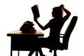 Silhouette woman at desk book pull hair