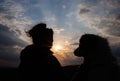 silhouette of woman and dog head at sunset pet teraphy