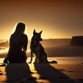 silhouette of a woman and a dog at the beach during sunset Royalty Free Stock Photo