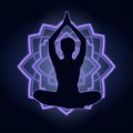 Silhouette of a woman doing yoga exercises. Neon mandala on the background. Vector image.