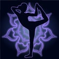 Silhouette of a woman doing yoga exercises. Neon mandala on the background. Vector image.