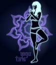 Silhouette of a woman doing yoga exercises. Neon mandala on the background. Vector image.