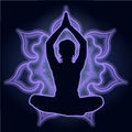 Silhouette of a woman doing yoga exercises. Neon mandala on the background. Vector image.