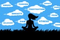 Silhouette of woman doing YOGA Lotus pose outdoor vector. Everything flow concept. Each clouds is a bad feeling that passes Royalty Free Stock Photo