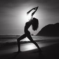 Silhouette of a woman doing yoga in nature at sunset against the backdrop of a pond Royalty Free Stock Photo