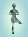 Silhouette of woman doing yoga, tree pose, vrksasana, illustration