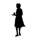 Silhouette of a woman in a dress. An elderly woman takes away the dishes. Holds mugs and a plate. Romantic