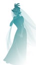 Silhouette of woman dressed in veils and ancient widow clothes carrying a sprig of flowers in one hand.