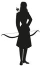 Silhouette of woman dressed in winter sportswear as a hunter from the 20s or 30s, carrying a bow and arrows isolated on white