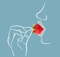 Silhouette of woman eating strawberry. Illustration of a young woman enjoying a strawberry. Silhouette woman on blue background .