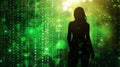 Binary Awakening: Silhouette of a Woman Emerges Against Green Binary Backdrop (AI-Generated)