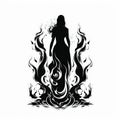 Silhouette of woman enveloped in stylized flames on white backdrop. Female figure in magical fire. Witch. Black and Royalty Free Stock Photo