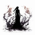Silhouette of woman enveloped in stylized flames on white background. Female figure in magical fire. Witch. Black and Royalty Free Stock Photo