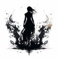 Silhouette of woman enveloped in stylized flames on white background. Female figure in magical fire. Witch. Black and Royalty Free Stock Photo