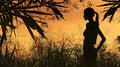 Silhouette of a Woman in Exotic Landscape at Sunrise