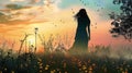 Silhouette of a Woman in Field at Sunset in Fantasy Realism Style