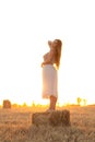 Silhouette woman figure at sunset standing on hay stack, beautiful romantic girl with long hair posing outdoors in field