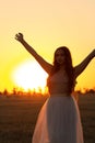 Silhouette woman figures at sunset standing on hay stack, beautiful romantic girl with long hair posing outdoors in field Royalty Free Stock Photo