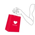 Silhouette Woman hand holding red shopping bag. Paper gift package in female hand. Vector illustration in red, black Royalty Free Stock Photo